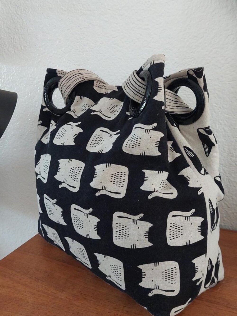 Aldi Find Cat Knit Tote Bag, Black and White Canvas Kitten Print Shoulder Bag, H